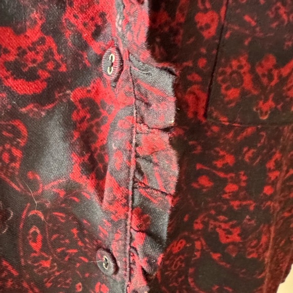 Soft Surroundings Red and Black Paisley Button-Up Shirt with Ruffled Trim - Picture 2 of 8